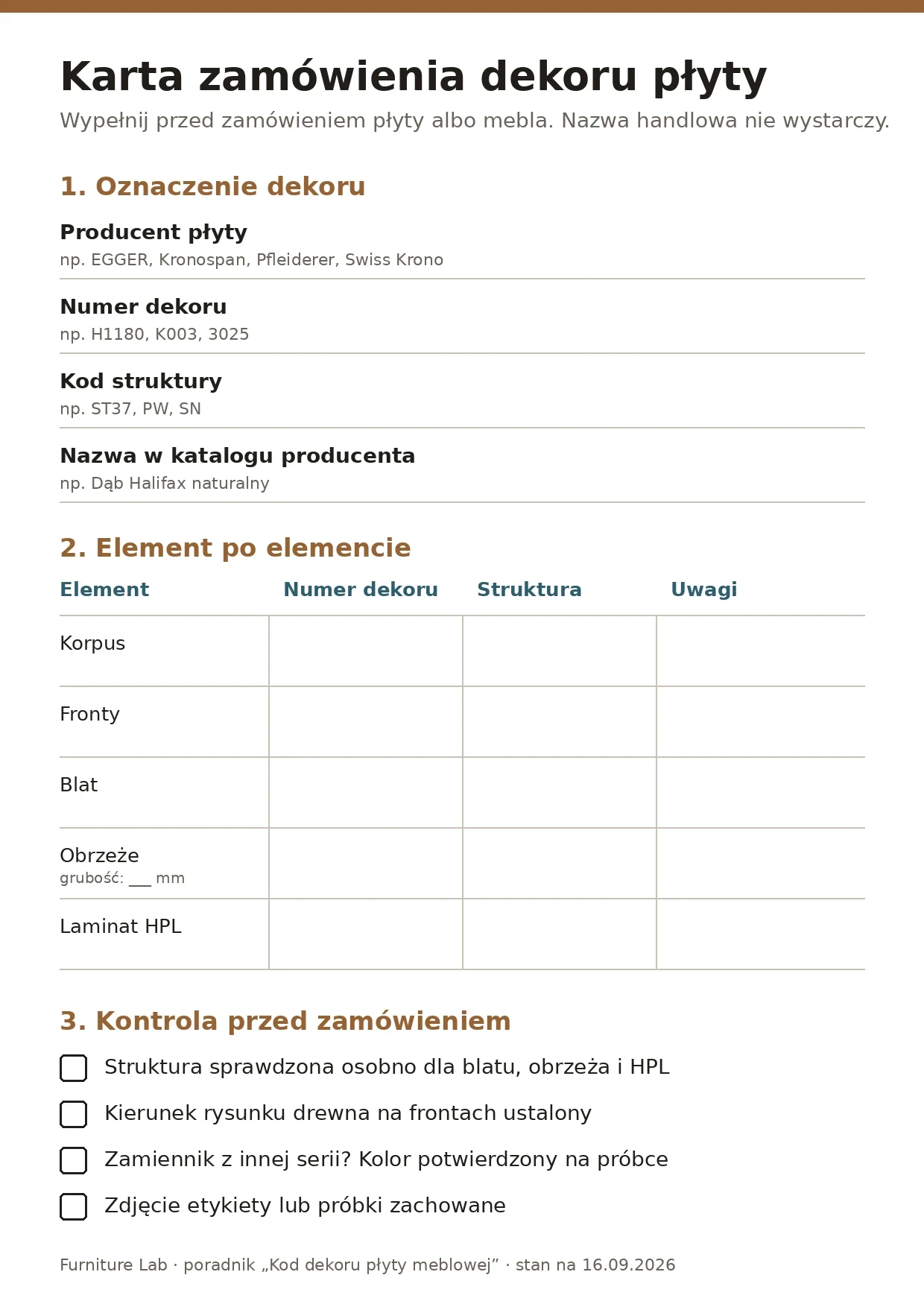 Printable card: what to write in the order so that the board decor matches across the carcass, fronts, worktop and edging