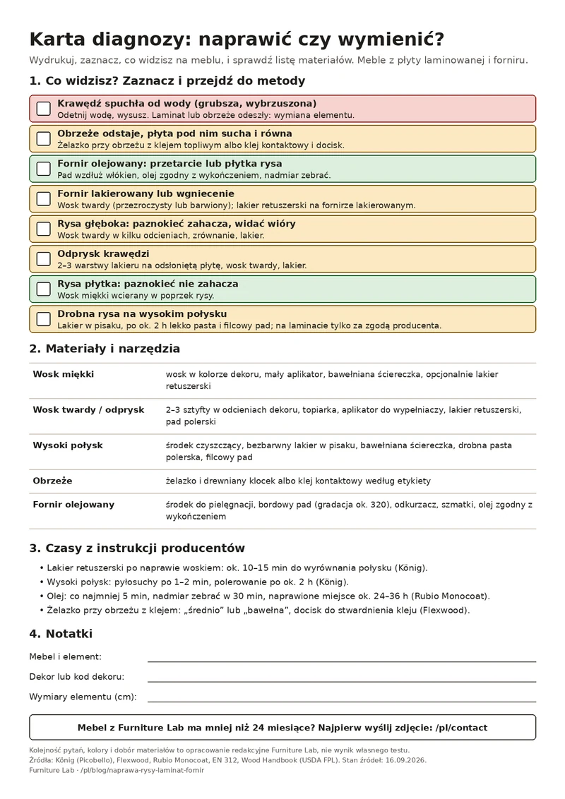 A4 printable diagnosis card: a list of damage with the method, materials, times from the instructions and note fields