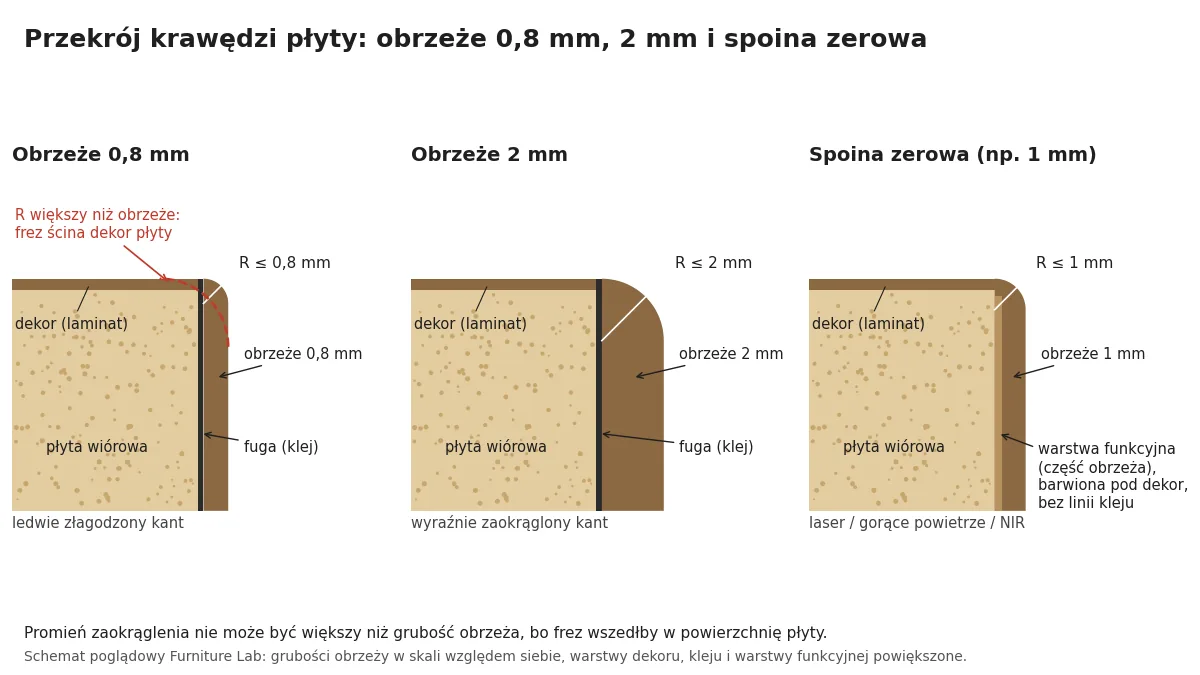 Furniture edge banding 0.8 or 2 mm and a zero joint in cross-section: the radius of rounding is no larger than the thickness of the edge banding, the glue line and the functional layer