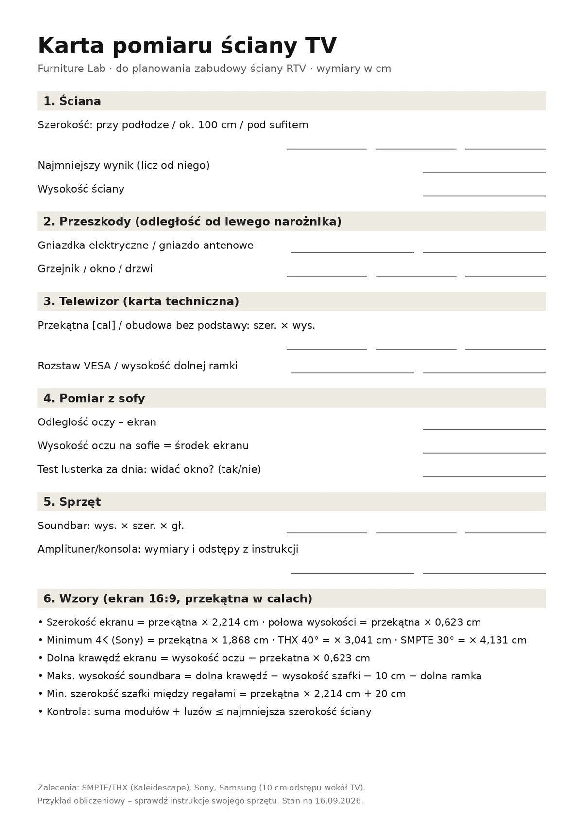 TV wall measurement card to print: wall width, obstacles, television dimensions, distance, eye height and multipliers